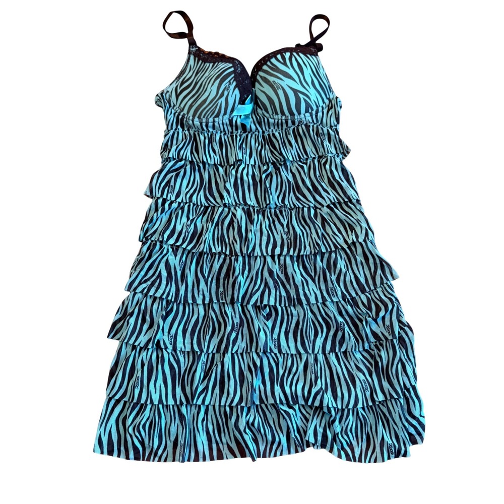 Y2K Slip Dress Women's Blue Zebra Ruffles Whimsigoth Grunge 80's babydoll medium